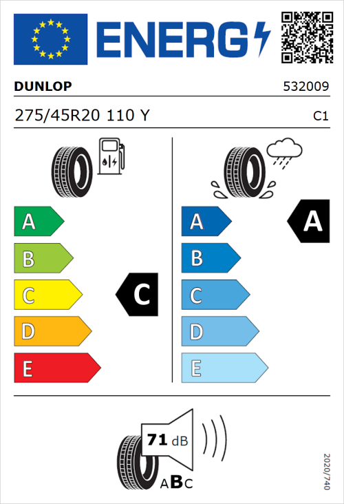 Tyre Label for Dunlop SP Sport Maxx RT 2 275/45R20 110Y