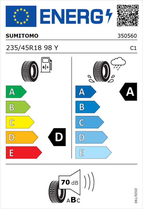 Tyre Label for Sumitomo HTR Z5 235/45R18 98Y