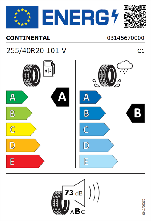 Tyre Label for Continental EcoContact 6 255/40R20 101V