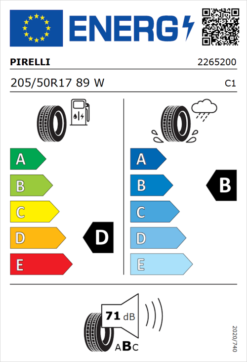 Tyre Label for Pirelli Cinturato P7 Run Flat 205/50R17 89W