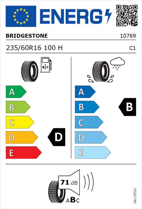 Tyre Label for Bridgestone Dueler H/T 687 235/60R16 100H